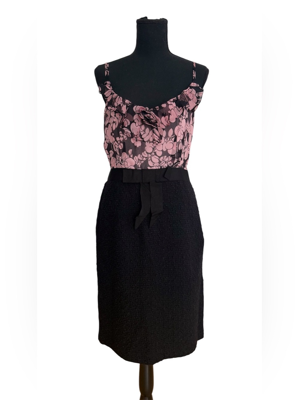 NWT MILLY of NEW YORK PINK PETAL/BLACK ROSETTE COMBO DRESS US 10 SILK, Tweed